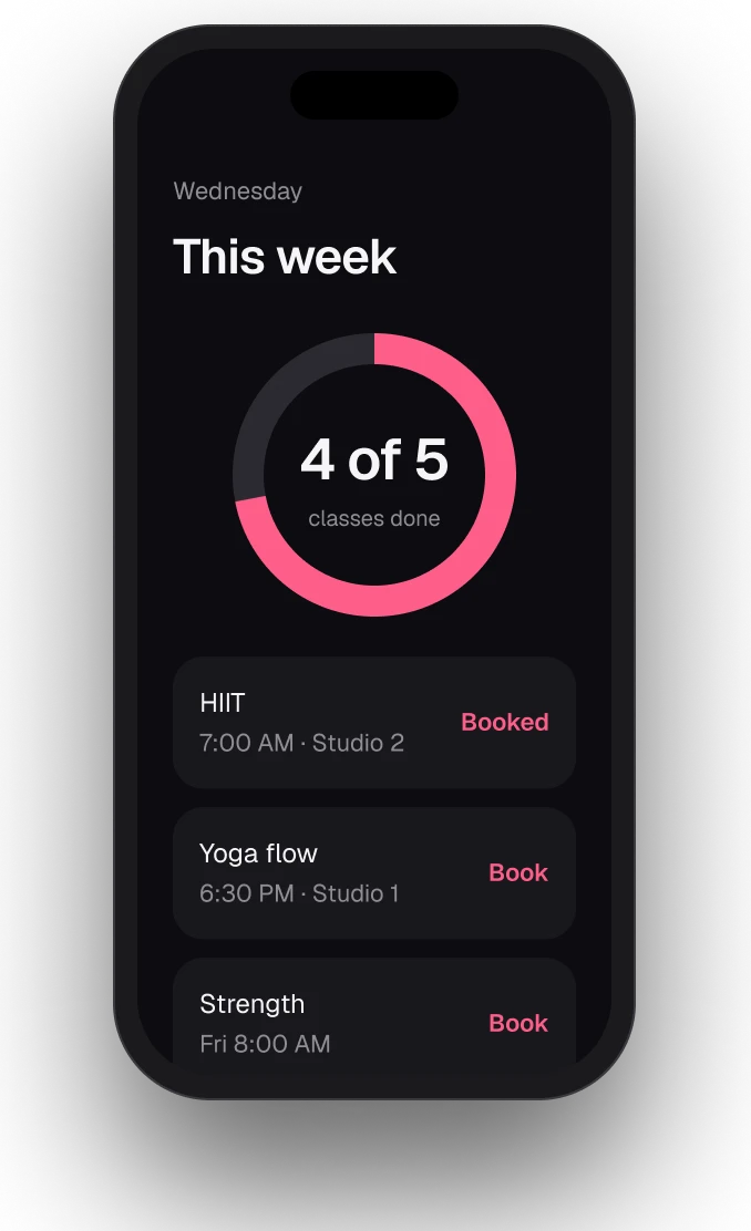 Fitline weekly class progress screen on a phone